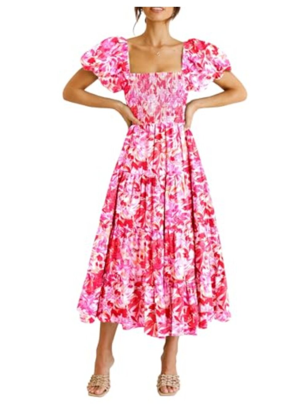 Women's Smocked Midi A-Line Dress with Puffy Sleeves